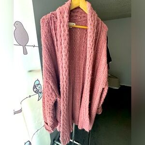 Anthropologie Pink Cable Knit Cardigan Sweater xl